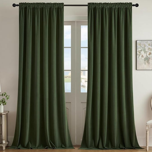 Joydeco Olive Green Velvet Curtains 72 inch Length 2 Panels, Luxury Blackout Rod Pocket Thermal Insulated Window Curtains, Super Soft Room Darkening Drapes for Living Room Bedroom,W52 x L72 inches