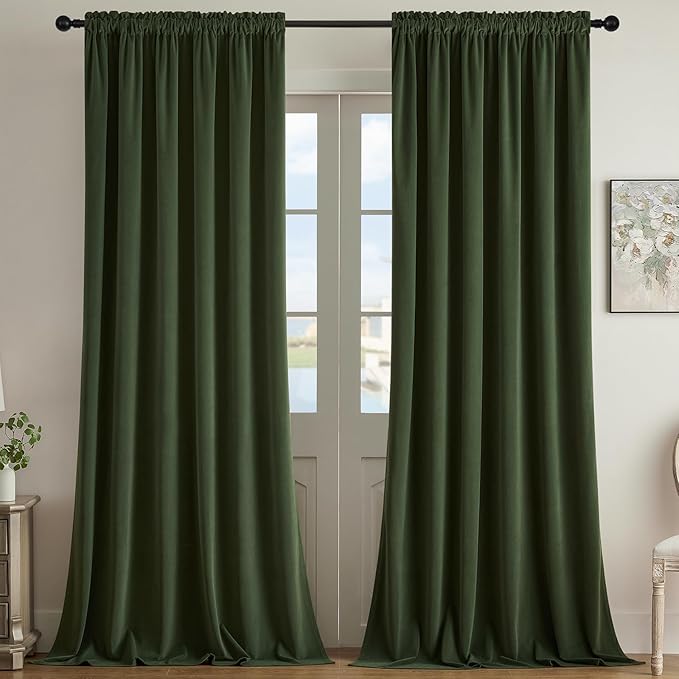 Joydeco Olive Green Velvet Curtains 102 inch Length 2 Panels, Luxury Blackout Rod Pocket Thermal Insulated Window Curtains, Super Soft Room Darkening Drapes for Living Room Bedroom,W52 x L102 inches