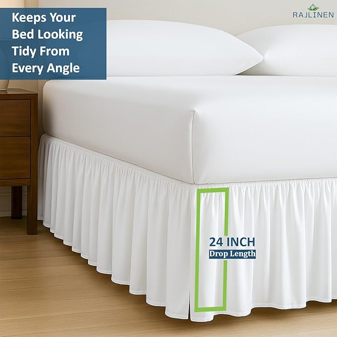 Rajlinen Ruffled Bed Skirt California King, 24 Inch Drop Dust Ruffle with Split Corners, 100% Microfiber Bedskirt with Platform, Three-Sided Coverage Ruffled Gathering Design, White