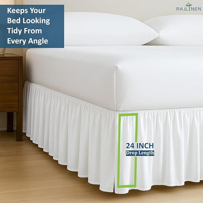 Rajlinen Ruffled Bed Skirt Queen, 24 Inch Drop Dust Ruffle with Split Corners, 100% Microfiber Bedskirt with Platform, Three-Sided Coverage Ruffled Gathering Design, White