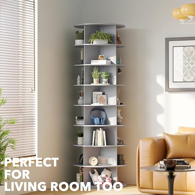 SpaceAid 8 Tier Rotating Shoe Rack Tower, Spinning Shoe Display Lazy Susan, Revolving 360 Shoe Rack Storage Round Carousel, Vertical Handbag Rotate Shoes Closet Organization (8-Tier Gray)
