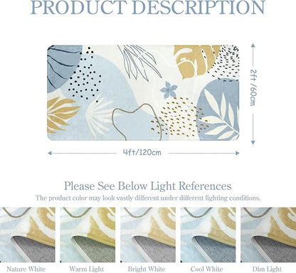 Lahome Boho Rug Runner - 2x4 Area Rug Non-Slip Washable Soft Bathroom Runner Rug Small Throw Long Bath Rug Blue Kitchen Runner, Botanical Print Foor Mats Runner Rug for Bedroom Hallway Laundry Room