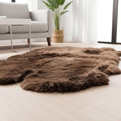 Genuine Dark Brown Sheepskin Rug, Real Fluffy Quad Pelt 4x6 ft Fur Area Rug for Living Room, Bed & Home Decor, Natural Sheep Skin Throw