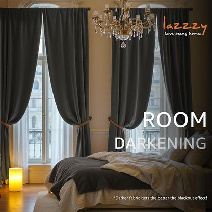 Lazzzy Velvet Blackout Curtains Thermal Insulated Room Window Drapes Super Soft Luxury Curtains for Living Room Bedroom Rod Pocket 2 Panels, Grey, 62" W x 96" L