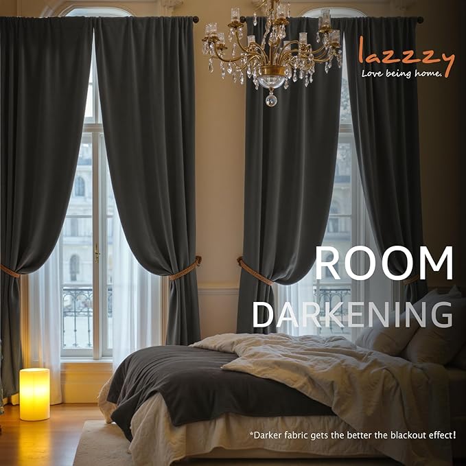 Lazzzy Velvet Blackout Curtains Thermal Insulated Room Window Drapes Super Soft Luxury Curtains for Living Room Bedroom Rod Pocket 2 Panels, Grey, 52" W x 108" L