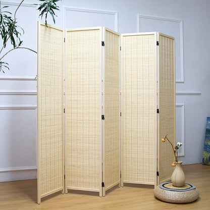 Furnnylane 5 Panel Room Divider and Folding Panel Screen,Bamboo Panel Divider Screen for Room Separation,Beige,67" H x 76.75" W