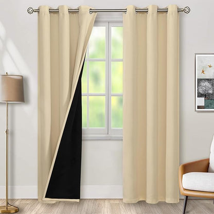 BGment Thermal Insulated 100% Blackout Curtains for Bedroom with Black Liner, Double Layer Full Room Darkening Noise Reducing Grommet Curtain (42 x 84 Inch, Natural, 2 Panels)