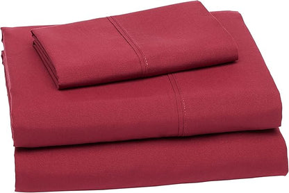 Amazon Basics Lightweight Super Soft Easy Care Wrinkle Free Microfiber 3 Piece Bed Sheet Set with 14-Inch Deep Pockets, Twin, Burgundy, Solid, Kids, Men & Women Bedding