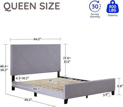 Livinia Stella Queen Size Platform Bed, Fabric Upholstered Queen Bed Frame with Height Adjustable Headboard Footboard, Strong Wood Slats, No Box Spring Needed, Gray (Queen)
