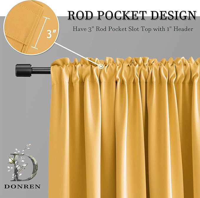 DONREN Gold Yellow Curtains for Bedroom - Thermal Insulated Room Darkening Rod Pocket Curtain Panels (52 W x 96 L,2 Panels)
