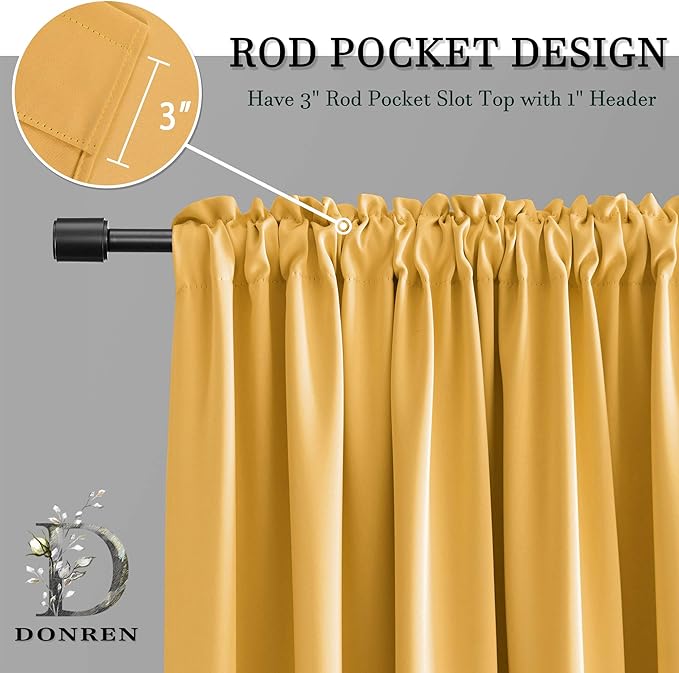 DONREN Gold Yellow Blackout Curtains for Kitchen - Room Darkening Curtain Drapes with Rod Pocket (52 Inch Width x 72 Inch Length,2 Panels)