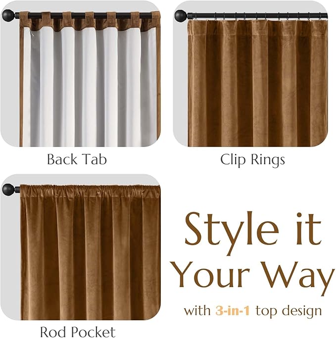 Lazzzy Gold Brown Blackout Velvet Curtains 84 Inch Long Thermal Insulated Room Darkening Curtain Drapes Luxury Back Tab Window Treatments for Bedroom Living Room 2 Panels, 52 x 84 Inch, Golden Brown
