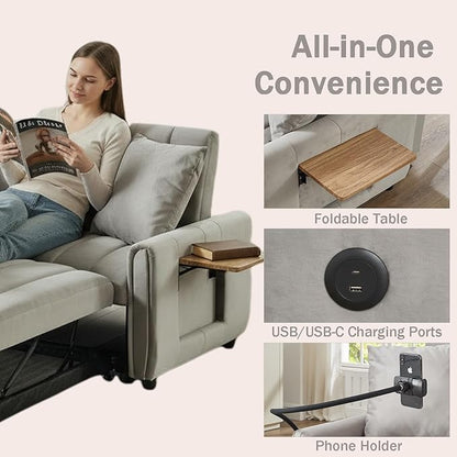 3 in 1 Convertible Sleeper Sofa Bed, Pull Out Couch Bed with USB Ports, Foldable Tables & Phone Stand, Adjustable Backrest Velvet Loveseat Futon Couch for Living Room Bedroom Samll Space (Solid Grey)