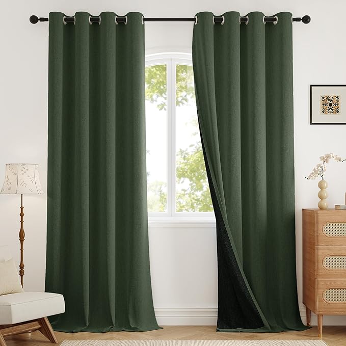100% Blackout Curtains for Bedroom 90 inch Length 2 Panels Set, Farmhouse Linen-Look Textured Full Light Blocking Room Darkening Thermal Insulated Drapes for Living Room (W52xL90, Olive)