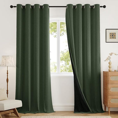 100% Blackout Curtains 72 inch Length 2 Panels Set for Dining Room Master Room, Thick Soft Linen-Look Textured Full Light Blocking Room Darkening Thermal Insulated Drapes (W52xL72, Olive)