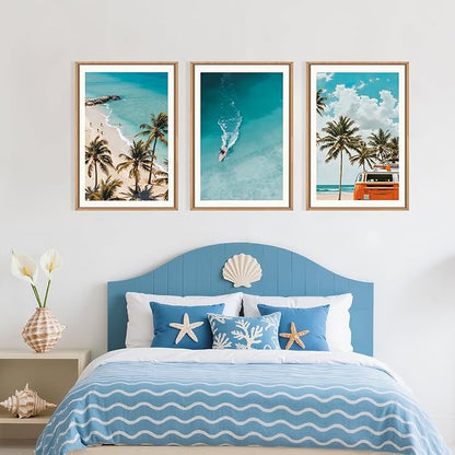 LHIUEM Large Nature Surfboard Beach Framed Canvas Wall Art,Summer Ocean Surfing Wall Decor,Palm Trees Wall Painting,Modern Picture Artwork for Living Room,Bedroom,Dining Room,Office -24"x36"x3