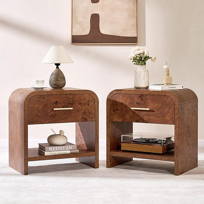 Night Stand Set of 2 [Unique Curved Profile] [FSC-Certified Wooden Board] 1-Drawer and 1 Storage Shelf Nightstand 24" H Metal Handle Modern Bedside Table Side Table End Table