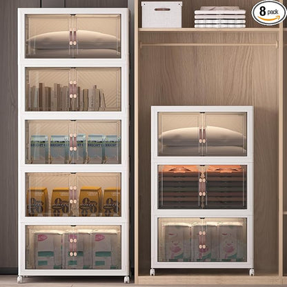Extra Large Stackable Storage Bins with Lids & Wheels, Foldable Plastic Storage Bins (White, 960QT-120QT/30GAL*8Pack)