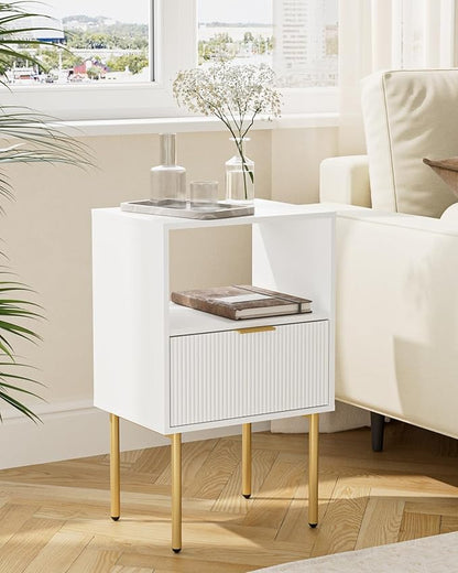 Masupu Night Stand, Mid-Century Bedside Table with Storage Drawer and Open Wood Shelf, Small Gold Frame Flueted Nightstand, Side Table for Bedroom, Living Room, White(Tall 25'')