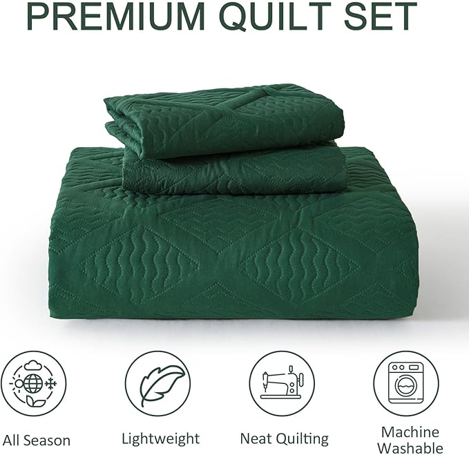 Yiran California King Quilt Set, Emerald Green Oversized Bedspread Bedding Set, Lightweight Diamond Pattern Soft Microfiber Modern Style Coverlet with 2 Pillow Shams 112x104 inch