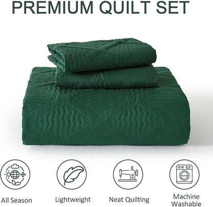 Yiran Twin Quilt Set, Emerald Green Lightweight Soft Bedspreads Bedding Set, Diamond Pattern Coverlet for All Season Modern Style 2 Piece with 1 Pillow Sham 68x90 Inch