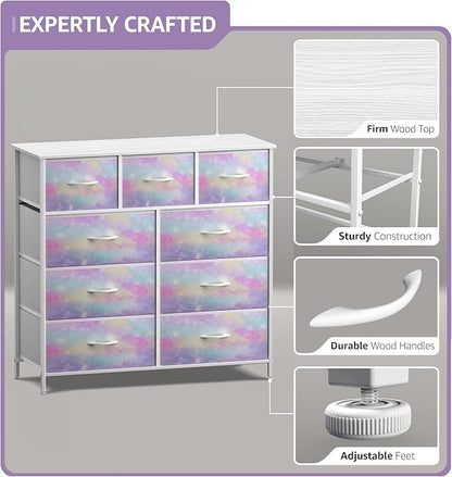 Sorbus Dresser with 9 Drawers - Furniture Storage Chest for Kid’s, Teens, Bedroom, Nursery, Playroom, Clothes, Toys - Steel Frame, Wood Top, Fabric Bins (Tie-dye)