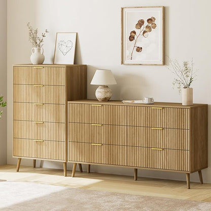 LYNSOM Fluted 5 Drawers Dresser, 45" Tall Modern Chest of Drawers with Curved Profile Design and Metal Handle, Wood Drawer Organizer for Bedroom, Living Room, Hallway, Entryway, Oak