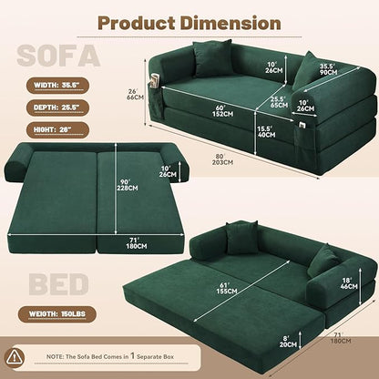 Convertible Futon Sofa Bed,80" Folding Pull Out Couch Bed with Storage,Queen Sleeper Sofa Bed,Compressed Couch in a Box,Corduroy Boneless Couches for Living Room,Deep Green
