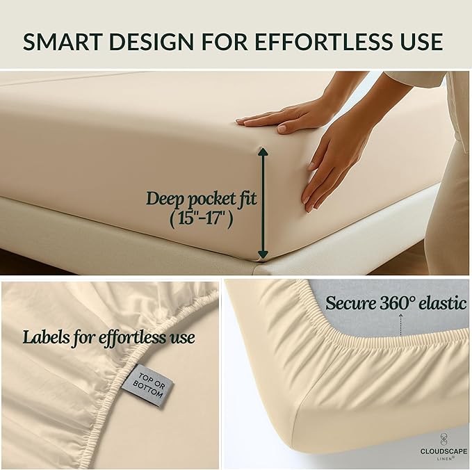 Cloud Scape Linen 100% Egyptian Cotton Sheets for Queen Size Bed, 400 Thread Count, 4 Pieces Bedding Set, Hotel Quality, Silky Soft, Deep Pockets up to 17”, Ivory