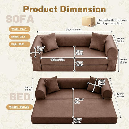 Convertible Folding Sofa Bed,78.5 Inch Faux Leather Futon Couch with Pillows & Storage Pocket,5-in-1 Queen Sleeper Sofa in a Box with Pull Out Bed,Boneless Couch for Living Room Bedroom,Brown