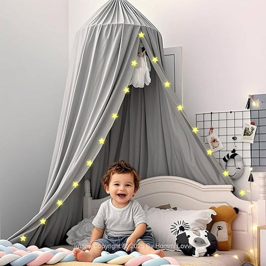 Grey Bed Canopy for Girls with Light, Princess Canopy Curtains for Twin Full Queen Size Kids Bed, Canopy for Girls Bed Room Decor, Hanging Castle Ceiling Tent