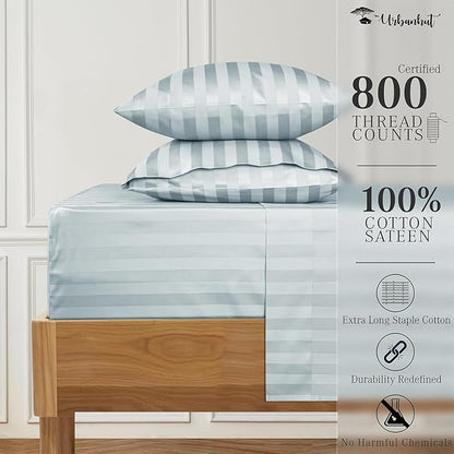 URBANHUT 800 Thread Count 100% Cotton Damask Full Size Sheets, 4 Piece Striped Full Size Bedsheets, Luxury Hotel Sheets Sateen Weave - Better Than Egyptian, 16" Elasticized Deep Pocket- Light Blue