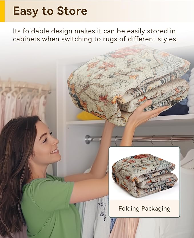 Area Rugs 9'x12' Washable Non-Slip, Floral Vintage Distress Print Pattern Medallion Carpet for Living Room Bedroom Dining Room, Beige Navy Blue Orange Colorful