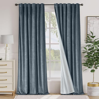 Lazzzy Blue Blackout Velvet Curtains 108 Inch Long Thermal Insulated Lined Curtain Drapes Luxury Back Tab Window Treatments for Bedroom Living Room 2 Panels, 52 x 108 Inch, Aegean Blue