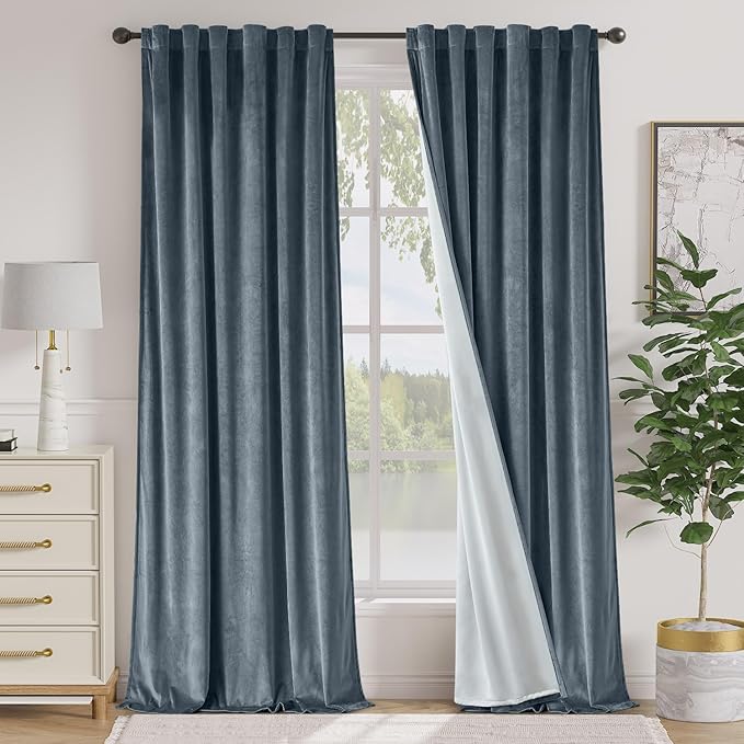 Lazzzy Blackout Velvet Blue Curtains 96 Inches Long Thermal Insulated Room Darkening Lined Curtain Drapes Luxury Back Tab Window Treatments for Bedroom Living Room 2 Panels, 52 x 96 Inch, Aegean Blue