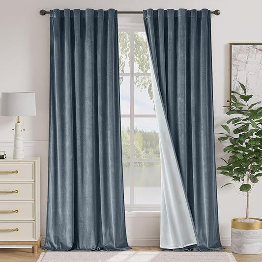 Lazzzy Blackout Velvet Blue Curtains 96 Inches Long Thermal Insulated Room Darkening Lined Curtain Drapes Luxury Back Tab Window Treatments for Bedroom Living Room 2 Panels, 52 x 96 Inch, Aegean Blue