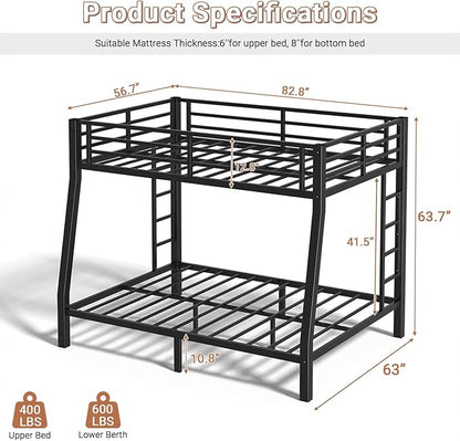 Full XL Over Queen Bunk Bed Frame, Heavy Duty Metal Loft Bed for Adults/Teens, 400/600LB Capacity w/Ladder & Guardrail, Noise-Free Steel Slats, No Box Spring Required, Black