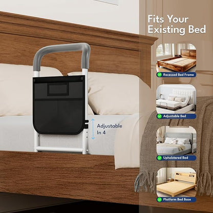 HOMEAL Bed Rails for Elderly Adults Safety, ASTM Approved Bedside Assist Rail for Seniors with Motion Sensor Light, Non-Slip Ergonomic Handle, 350 lb Tested, Fixing Strap Included (Grey)