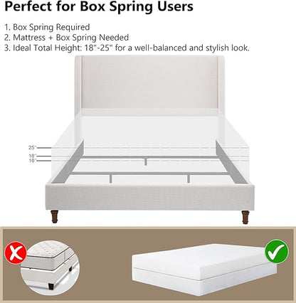 Harper Upholstered Wingback Bed Frame with 54" Extra-Tall Headboard - Modern Textured Chenille Platform Bed, Solid Oak Wood Feet, Sturdy Metal Foundation, Box Spring Required(Ivory Queen)