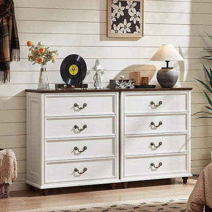 Farmhouse 4 Drawer Dresser Set of 2 for Bedroom, 37" Tall Rustic Chests of Drawers w/ 4 Solid Wood Feet, Mid Century Vintage Wooden Closet Storage Dressers Organizer for Living Room, White