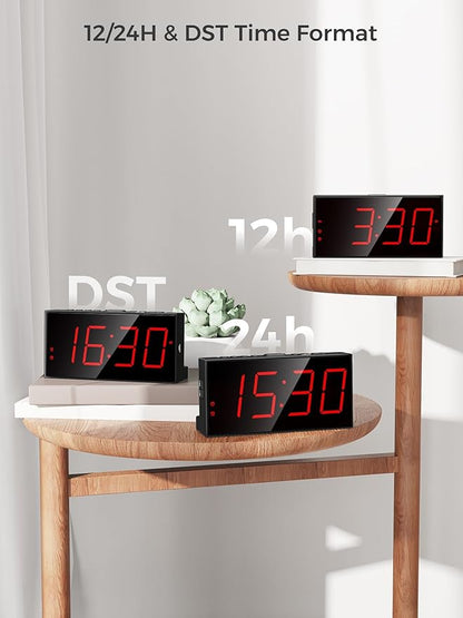 PPLEE Alarm Clock for Bedroom, Large Number Digital Clock with Dimmer for Living Room, Dual Alarms Easy to Read clock for Seniors, Electric Bedside Desk Clock with USB Charger, Digital Red LED Display