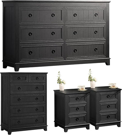 Bedroom Dresser and Nightstand Sets 4 Piece, Farmhouse 6 Drawers Dresser & 40.5" Tall Chest of Drawers, 18" Nightstands Set of 2, 54" Wide Furniture Dressers for Bedroom, Living Room, Black