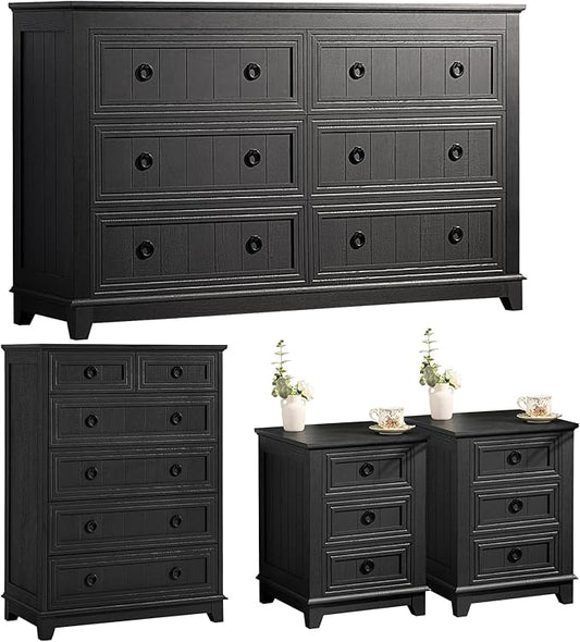 Bedroom Dresser and Nightstand Sets 4 Piece, Farmhouse 6 Drawers Dresser & 40.5" Tall Chest of Drawers, 18" Nightstands Set of 2, 54" Wide Furniture Dressers for Bedroom, Living Room, Black