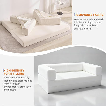 Garvee 5-in-1 Convertible Sofa Bed, 78.8" Modular Corduroy Sleeper with Sturdy Frame & No Assembly, Multi-Functional Futon for Small Space, Living Room & Guest Room (Beige)