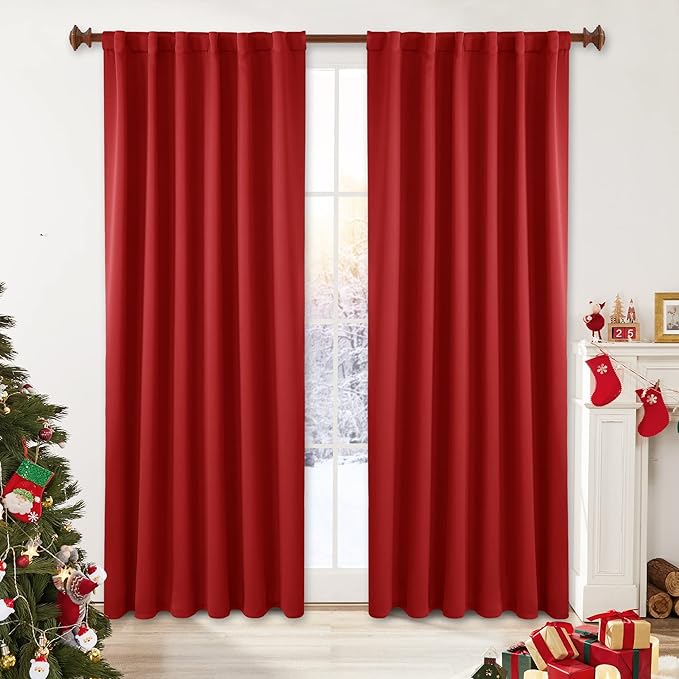 Deconovo Christmas Blackout Curtains, Thermal Insulated, W52 x L95 2 Panels, Back Tab, Machine Washable, Room-Darkening Drapes for Bedroom/Living Room Red