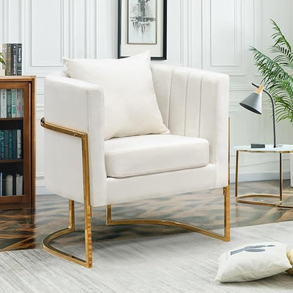 Velvet Modern Accent Chair, Upholstered Barrel Armchair Mid Century with Pillow for Living Room, Comfy Single Vanity Chair with Metal Gold Legs for Bedroom, White