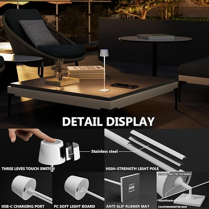 Modern LED Color-Changing Cordless Table lamp, 7 Colors, metal Shade, Touch control with sleep mode for Restaurant, Bedroom, Outdoor Camping, Coffee Shop, Night Light, Rechargeable (White 1PACK)