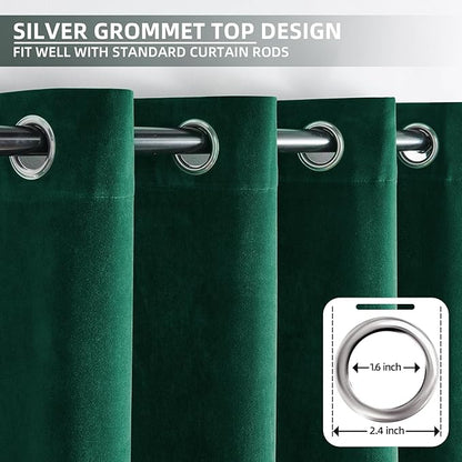 Joydeco Dark Green Velvet Curtains 63 Inches Long, Luxury Grommet Blackout Curtain 2 Panels, Thermal Insulated Privacy Room Darkening Window Drapes for Bedroom Living Room Home Theatre (52Wx63L)