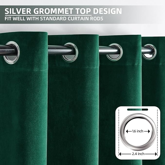 Joydeco Dark Green Velvet Curtains 90 Inches Long, Luxury Grommet Blackout Curtain 2 Panels, Thermal Insulated Privacy Room Darkening Window Drapes for Bedroom Living Room Home Theatre (52Wx90L)