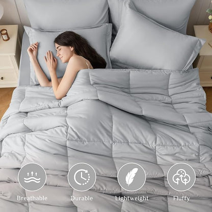 JOLLYVOGUE Queen Comforter Set, Ultra-Soft Bed in a Bag Queen Size 7 Pieces, Oeko-TEX Certified Bedding Set with Down Alternative Comforter, Sheets, Pillowcases & Shams, Light Grey